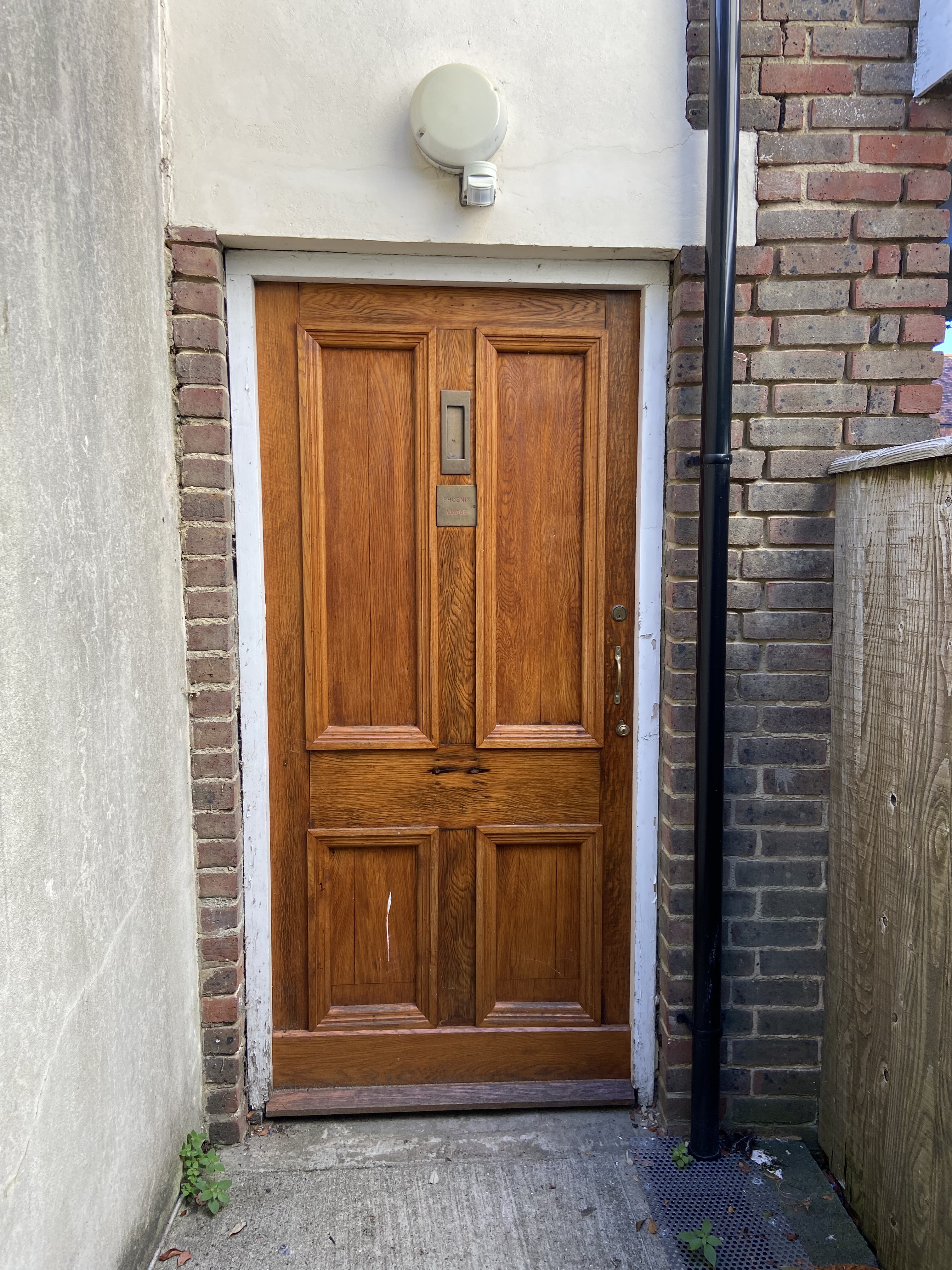 The mysterious wooden entrance door to the Portsmouth meeting